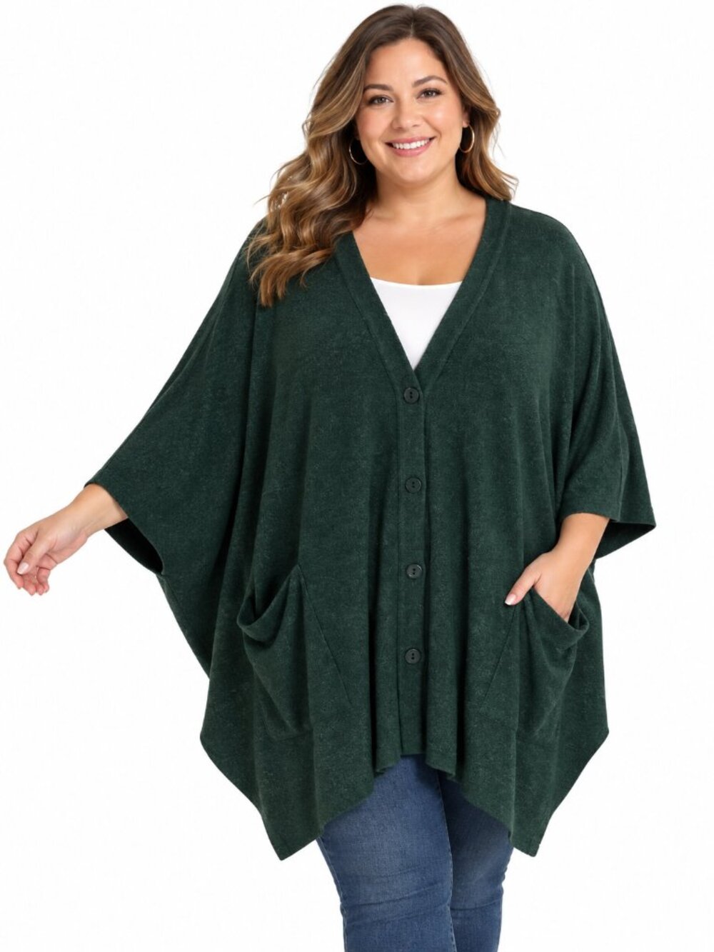 Susan Graver Lifestyle 3X Green Oversized Batwing Cardigan Button Front Pockets